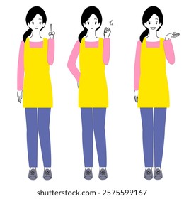 Avatar illustration set of a young woman wearing an apron. Includes full body, directions, guts, and introduction.