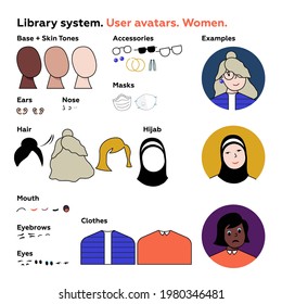 Avatar-Illustrationssystem. Bibliothek
Benutzeravatare. Weibliche Gesichter. Frauen Teil 1. Weibliche Gesichter. Leicht zu verändern und eigene Person zu erschaffen.