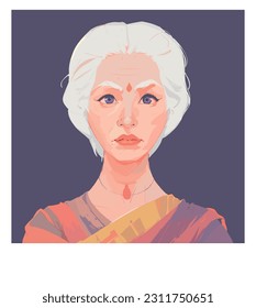 Avatar de mujer india en sari. Retrato de mujer mayor. La cara de la abuela. Ilustración vectorial con estilo dibujado a mano.