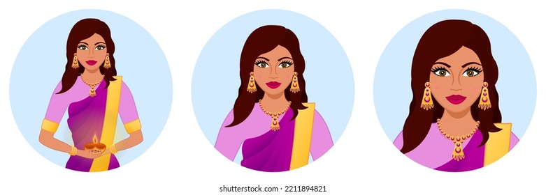 Avatar of an Indian woman wearing sari and carrying a lamp. Traditional outfit. Diwali