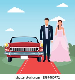 Avatar just married couple standing and red classic car over landscape background, colorful design, vector illustration