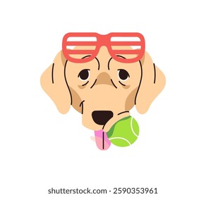 Avatar of Labrador retriever with ball in mouth. Portrait of cute dog with shutter shades sunglasses. Muzzle of happy puppy playing with toy. Flat isolated vector illustration on white background