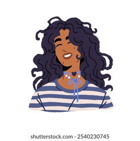 Avatar of Latin girl with closed eyes and smile. Portrait of happy young woman with wavy hair and cute face. Positive female user profile. Flat isolated vector illustration on white background