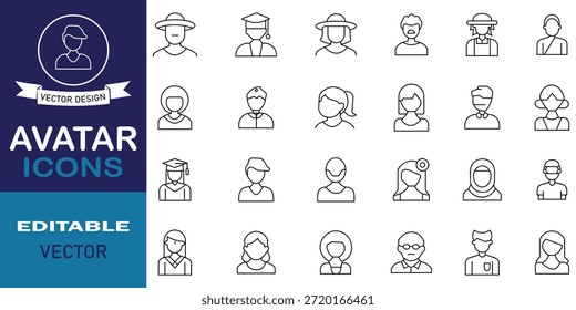 Avatar line icon set collection. Simple outline art for web and app graphic design. Profile, man, logo, interface, avatars, person, different men, woman and more symbol. Vector illustration.