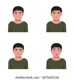 Avatar little boy facial expression laugh smile mad surprise isolated on white.  Flat design style vector.