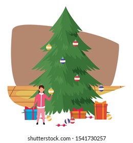 avatar little girl next to christmas tree and gift boxes over white background, colorful design. vector illustration