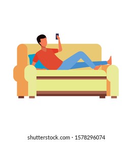 avatar lying man on couch using a cellphone icon over white background, vector illustration