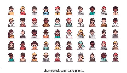 avatar male female men women cartoon character people icons set vector illustration line and fill style icon