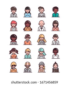 avatar male female men women cartoon character people icons set vector illustration line and fill style icon
