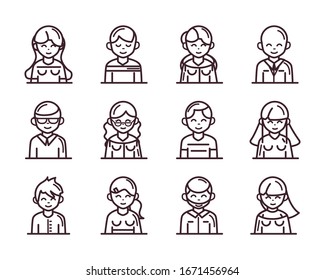 avatar male female men women cartoon character people icons set vector illustration line style icon