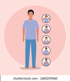 Avatar man with 2019 ncov virus symptoms design of Covid 19 cov coronavirus infection corona epidemic disease symptoms and medical theme Vector illustration