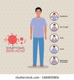 Avatar man with 2019 ncov virus symptoms design of Covid 19 cov coronavirus infection corona epidemic disease symptoms and medical theme Vector illustration