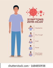 Avatar man with 2019 ncov virus symptoms design of Covid 19 cov coronavirus infection corona epidemic disease symptoms and medical theme Vector illustration
