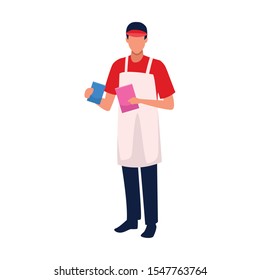 avatar man with apron and cap over white background, vector illustration