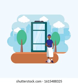 Avatar man with ball in front of a building design, Boy male person people human social media and portrait theme Vector illustration