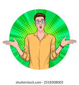 Avatar of man or business person in various poses, circle background, retro pop art comics style.
