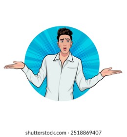 Avatar of man or business person in various poses, circle background, retro pop art comics style.