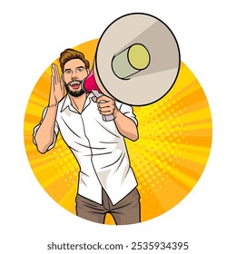 Avatar of man or business person in various poses, circle background, retro pop art comics style.