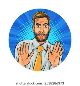 Avatar of man or business person in various poses, circle background, retro pop art comics style.