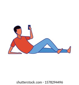 avatar man with cellphone lying over white background, vector illustration