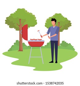 avatar man cooking at a bbq grill outdoors over white background, colorful design , vector illustration