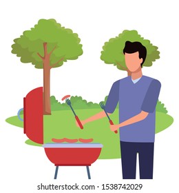 avatar man cooking sausages at a bbq grill outdoors over white background, colorful design , vector illustration