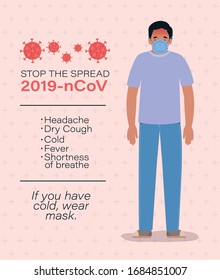 Avatar man with covid 19 virus fever and mask design of 2019 ncov cov coronavirus infection corona epidemic disease symptoms and medical theme Vector illustration