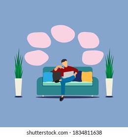 Avatar man during online shopping at home on sofa. Shopping online concept. Flat design. Copy space for text and image. EPS10 - Shutterstock ID 1834811638