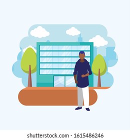 Avatar man in front of a building design, Boy male person people human social media and portrait theme Vector illustration