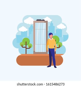 Avatar man in front of a building design, Boy male person people human social media and portrait theme Vector illustration