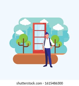 Avatar man in front of a building design, Boy male person people human social media and portrait theme Vector illustration