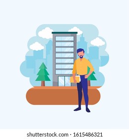 Avatar man in front of a building design, Boy male person people human social media and portrait theme Vector illustration