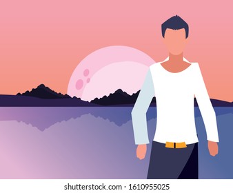 Avatar man in front of landscape design, Boy male person people human social media and portrait theme Vector illustration