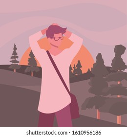 Avatar man in front of landscape design, Boy male person people human social media and portrait theme Vector illustration