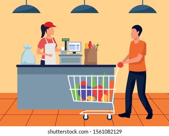 avatar man with full supermarket car at cash register, colorful design , vector illustration