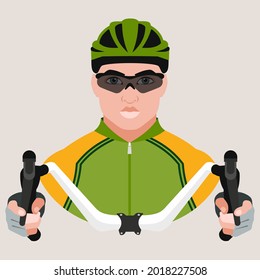 Avatar of a man in a green helmet, goggles and a bicycle handlebar in his hands. Cyclist. Sports concept. Vector flat illustration.
