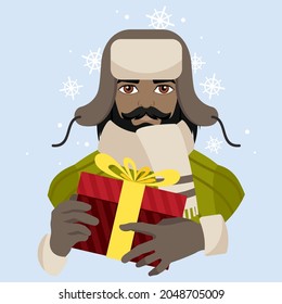 Avatar de un hombre en un sombrero con alerones y una bufanda con un regalo de Navidad. Invierno. Ilustración vectorial plana.