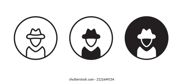 Avatar man in a hat icons , Secret service agent, Spy man icon Wanted button, vector, sign, symbol, logo, illustration, editable stroke, flat design style isolated on white