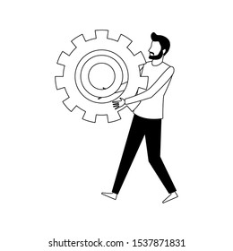 avatar man holding a big gear wheel icon over white background, vector illustration