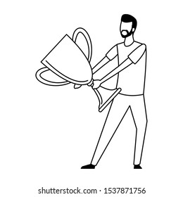 avatar man holding a big trophy icon over white background, vector illustration