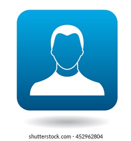 Avatar man icon in simple style in blue square. People symbol