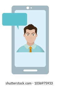 avatar man inside smartphone with chat bubble