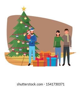 avatar man with little girl and couple next to gift boxes and christmas tree over white background, vector illustration