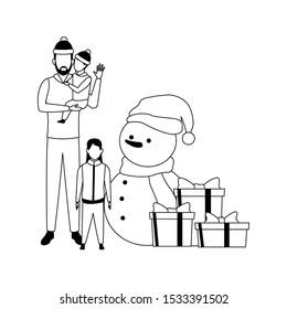 avatar man with little kids around christmas snowman and gift boxes over white background, vector illustration