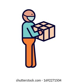 Avatar man with mask and box line and fill style icon design, Delivery logistics transportation shipping service warehouse industry and global theme Vector illustration