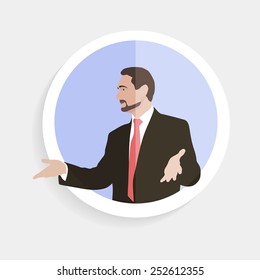 Avatar. Man With Open Honest Gestures Palms Of The Hands. Manager, Coach, Leader, Chief, Head, Boss, Speaker, Orator. Speech, Call. Infographics, Web. Character. Image. Icon. Vector.