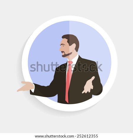 Avatar. Man with open honest gestures palms of the hands. Manager, coach, leader, chief, head, boss, speaker, orator. Speech, call. Infographics, web. Character. Image. Icon. Vector.