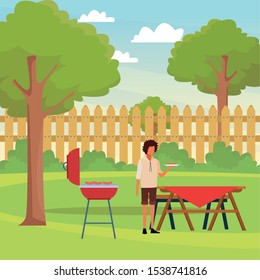 avatar man at a picnic table and bbq outdoor, colorful design , vector illustration