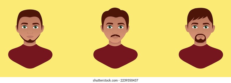 Avatar of a man. Portrait of a man with a beard and different hairstyles. Flat vector illustration