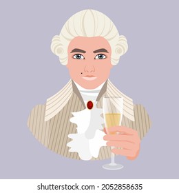 An avatar of a man in a powdered white wig and a man's dress from the 18th century holds a glass of champagne in his hand. Aristocracy. Flat vector illustration.